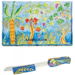The Seven Species Challah Board & Challah Knife + Stand by aJudaica