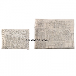 Hand Embroidered Tallit and Tefillin bag-silver Jerusalem design by aJudaica