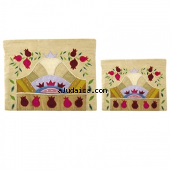 Beige and gold Raw Silk Tallit and Tefillin Bag -Pomegranate design by aJudaica