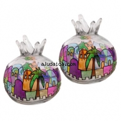 Colorful Pomegranate Jerusalem design Glass Candlesticks by aJudaica