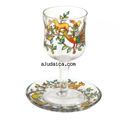 Painted Wineglass and Saucer - Peacock and deer design by aJudaica