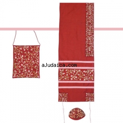 Emanuel Embroidered Tallisack - Red/Maroon with flowers by aJudaica