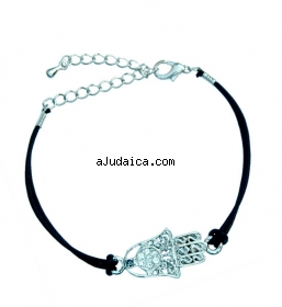 Rhodium Hamsa Bracelet on Leather Cord by aJudaica