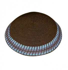 Handmade DMC Knitted Brown Kippah with light blue border by aJudaica
