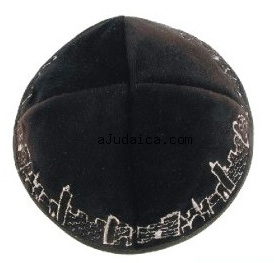 Black velvet kippah with silver Jerusalem design by aJudaica