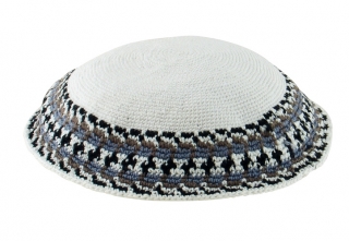 Handmade Premium DMC white knitted kippah with gray and black border by aJudaica