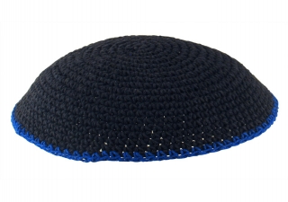 Black Knitted Kippah with blue border by aJudaica