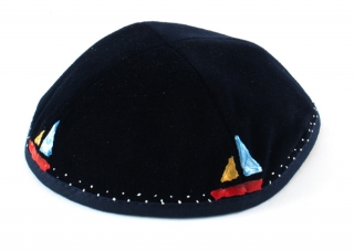Hand Decorated "Sailboat" Velvet Kippah by aJudaica