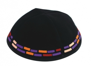 Black Velvet Kippah with colorful stripe border by aJudaica