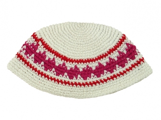 White Frik Kippah with pink and red border by aJudaica