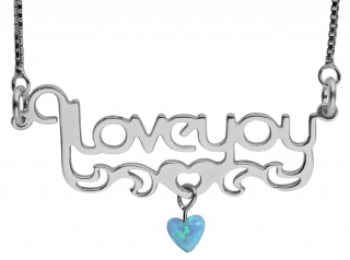 Sterling Silver "I Love You" Necklace with Opal Heart by aJudaica