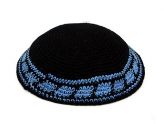 Black Knitted Kippah with blue border by aJudaica