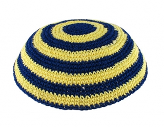 Blue and Yellow Striped Knitted Kippah by aJudaica