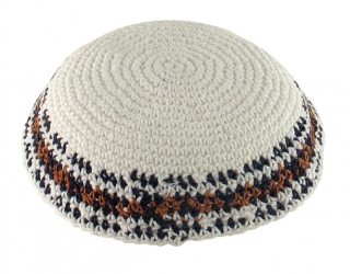 White Knitted Kippah with brown and black border by aJudaica