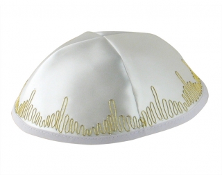 White Satin Kippah with gold loop border by aJudaica