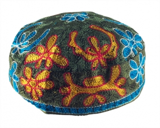 Olive Green Bucharian Hand Embroidered Kippah by aJudaica