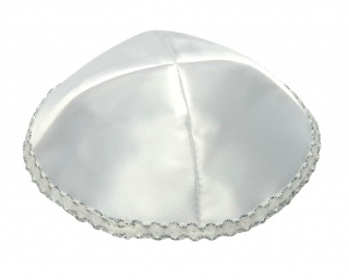 White Satin Kippah with silver strip by aJudaica