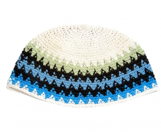 White Frik Kippah with blue and black stripes by aJudaica
