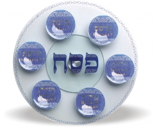 Glass Seder Plate - blue flower design by aJudaica