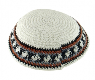 White Knitted Kippah with gray and brown border by aJudaica