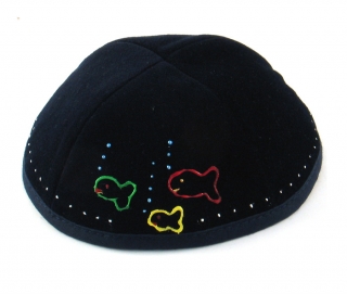 Hand Decorated "Fish" Black Velvet Kippah by aJudaica