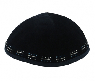 Hand Decorated Silver-Blue-White border Velvet Kippah by aJudaica