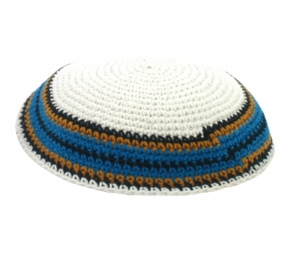 White knitted kippah with blue border by aJudaica
