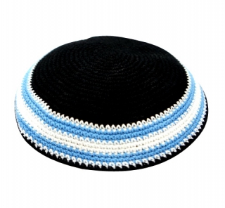 Navy knitted kippah with white and light blue border by aJudaica