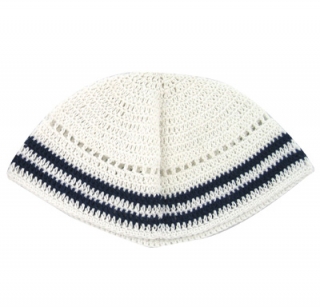 White Frik Kippah with two blue stripes by aJudaica