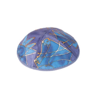 Judaica Motif Blue Silk Painted Kippah by aJudaica