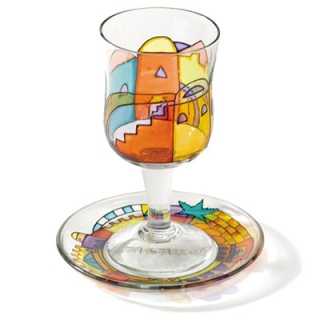 Old City Painted Wineglass and Saucer by aJudaica