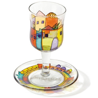 Painted Wineglass and Saucer - Jerusalem Old City design by aJudaica