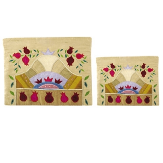 Beige and gold Raw Silk Tallit and Tefillin Bag -Pomegranate design by aJudaica