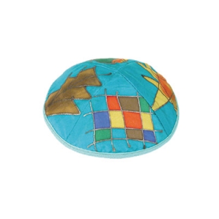 Judaica Motif Silk Painted Kippah with turquoise background by aJudaica
