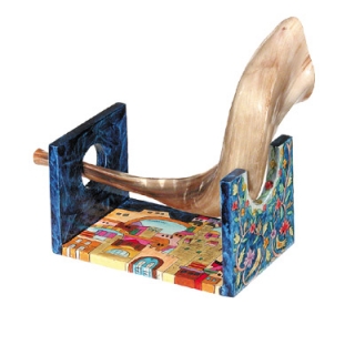 Hand Painted Jerusalem Wooden Shofar Stand-Small by aJudaica