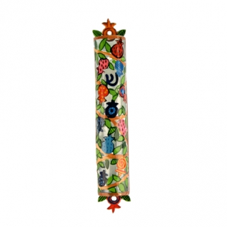 Yair Emanuel Laser Cut Hand Painted Metal Mezuzah - Pomegranates by aJudaica