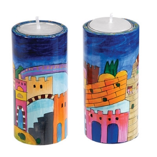 Large Round Shabbat Candlesticks - Jerusalem by Emanuel by aJudaica