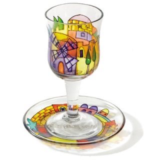Painted Wineglass and Saucer - Jerusalem design by aJudaica