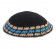 Black Knitted kippah with light blue and beige border