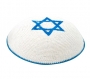 White Knitted Kippah with center Blue Magen David