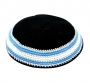 Navy knitted kippah with white and light blue border