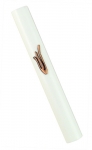 Round white Wood Mezuzah with pink "shin"