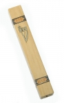 Beige wood mezuzah with gold shin and design