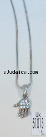 Rhodium Silver Necklace set with white stones Hamsa pendant by aJudaica