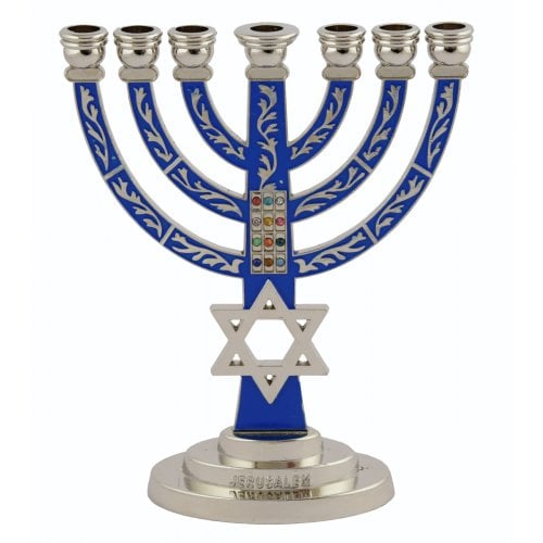 7-Branch Menorah, Dark Blue on Silver with Breastplate and Star of David  5.2