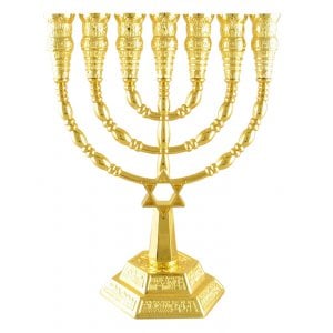 7 Branch Menorah with Star of David and Jerusalem Images, Gold  9.4 or 6