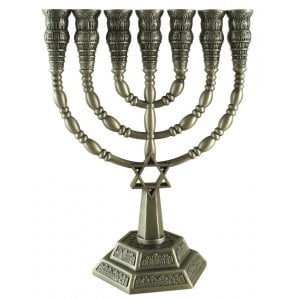 7 Branch Menorah with Star of David and Jerusalem Images, Pewter  9.4" or 6