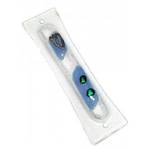 Frosted Glass Mezuzah Case, Flowing Blue and Green Design  Shin Letter
