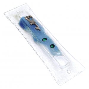 Frosted Glass Mezuzah Case, Flowing Blue and Green Design  Divine Name