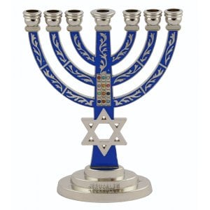 7-Branch Menorah, Dark Blue on Silver with Breastplate and Star of David  5.2"
